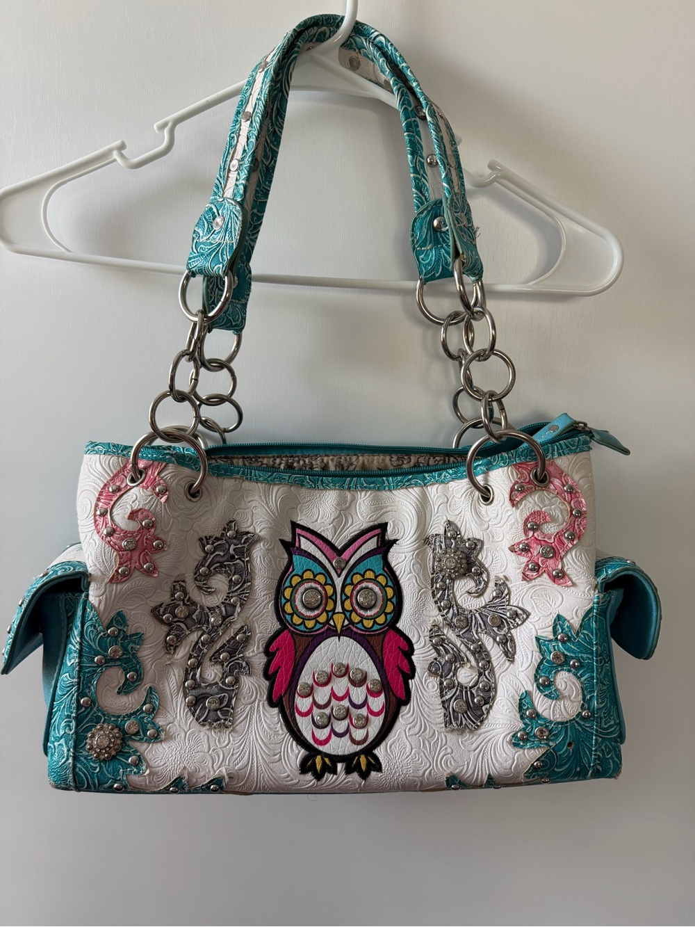 Embroidered Teal and White Owl Shoulder Bag